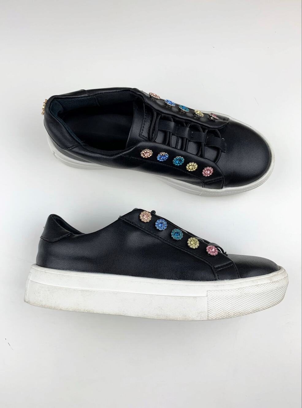 Kurt Geiger Mini Liviah Black Leather Sneakers Slip On Jeweled Girls 34 US 3